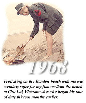 [Picture of Mary Harrsch on the beach dressed in Marine Corps field jacket and hat with the caption Frolicking on the Bandon Beach was safer for my fiancee than the beaches of Chu Lai Vietnam where he began his tour of duty 13 months previously]