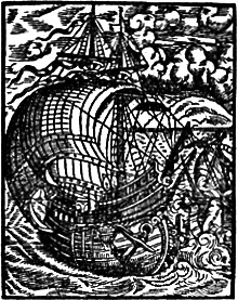 image:
woodcut. sailing
carrel (ship) upon a stormy sea