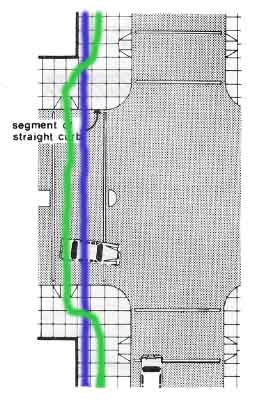 plan of street crossing with curb ramps offset from straight route, discourages bikes on sidewalk, gives blind a curb instead of ramp