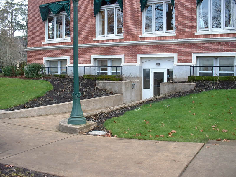 Johnson Hall UO, new accessible west entrance, 5% slope down to basement, new main entrance from parking lot