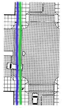 plan of street crossing with ramp in line of travel, putting blind users on ramp, no curb