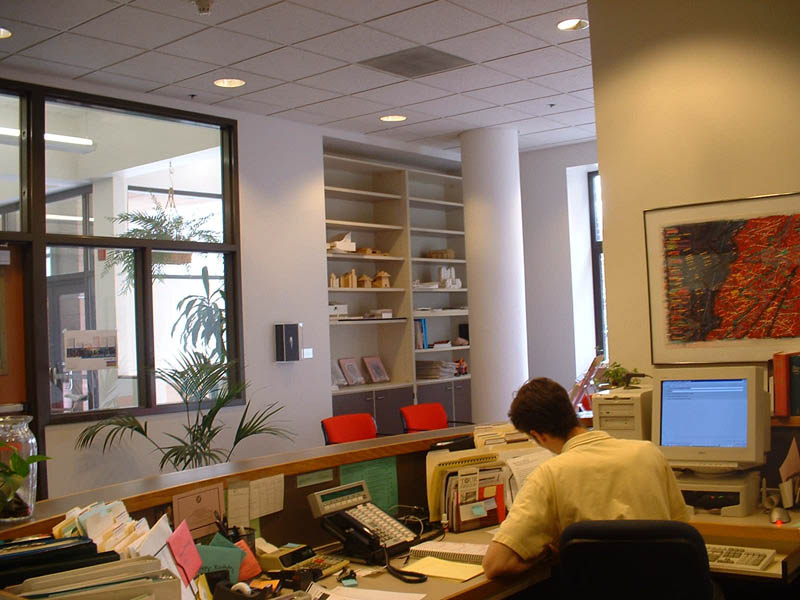 Dean's Office, U. of Oregon, School of Architecture and Allied Arts, Lawrence Hall, showing piston of elevator that only serves upper levels