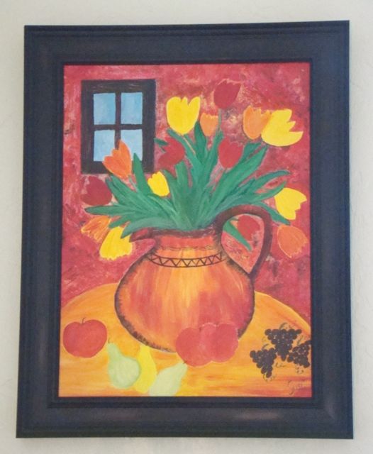 Tulpen in rot, Framed Canvas 18x24, acrylics