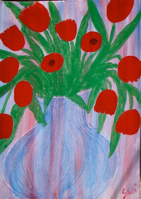 red tulips in strped vase, paper 9x12
