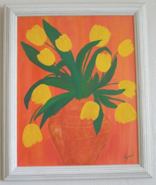 sold, tulips in old claypot, canvas, 16x22 small