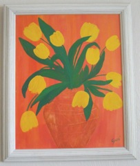 sold, tulips in old claypot, canvas, 16x22 small